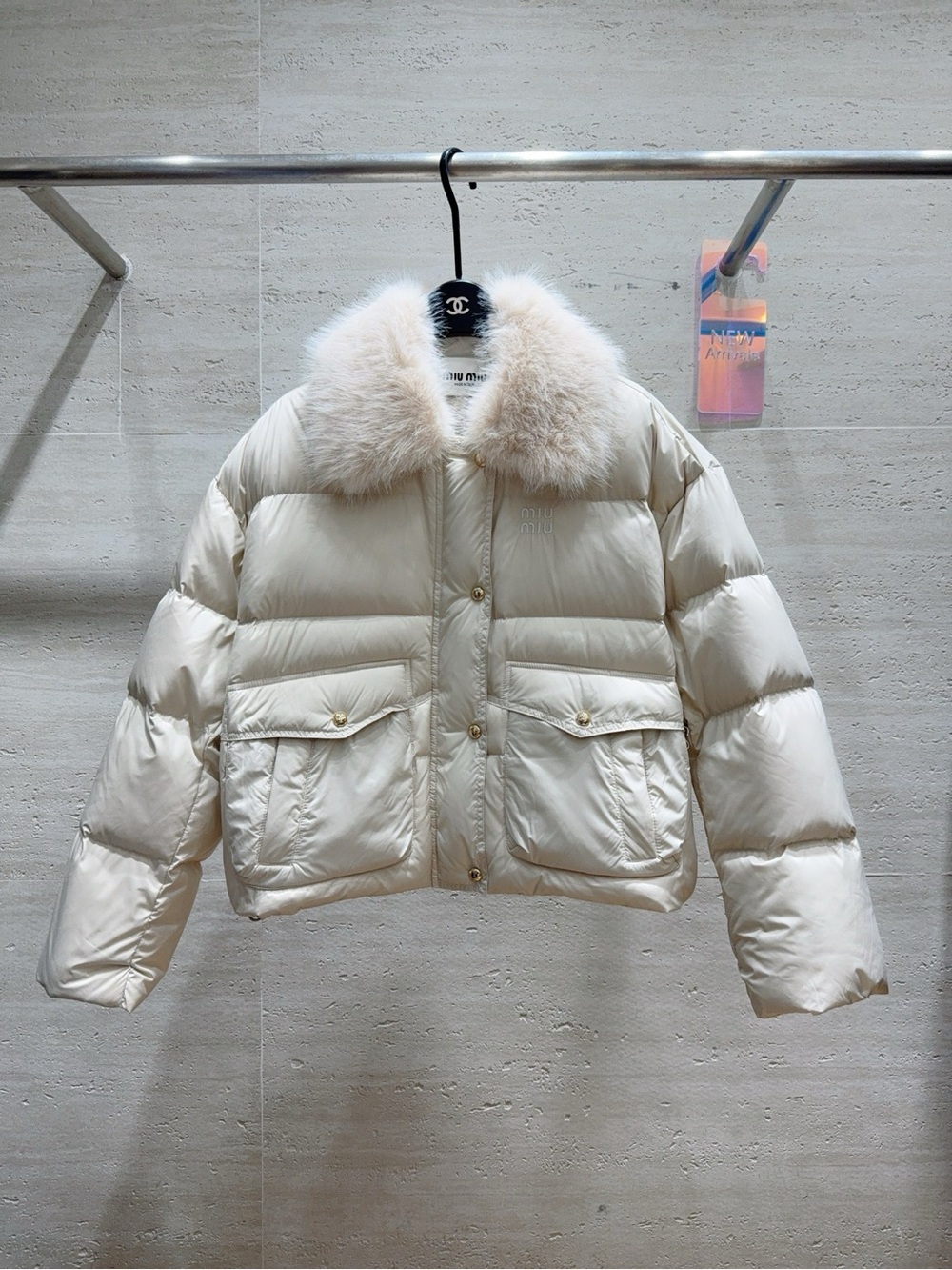 Miu Miu Cream Fur Collar Quilted Down Jacket